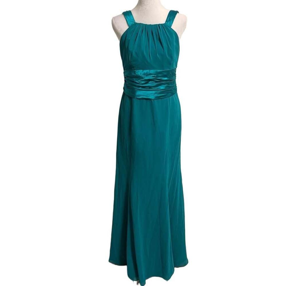 David Bridal Teal Ruched Maxi Dress Open Back Tie Waist Bridesmaid Dress Gown 10
